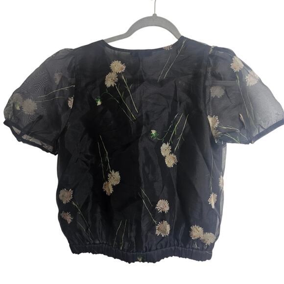 Madewell Blouse Silk Organza Blouse Floral Blouse Puff Sleeve Blouse S Black - Picture 6 of 6